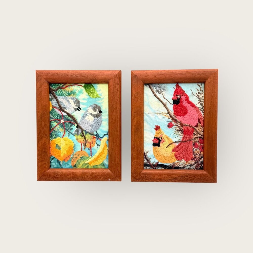 Vintage Framed Embroidered Bird Wall Art Set Chickadees Cardinal 5 x 7